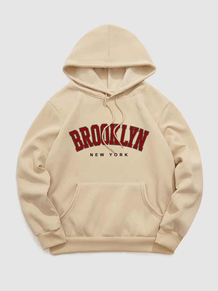 Men's "BROOKLYN" fleece printed letter hoodie khaki