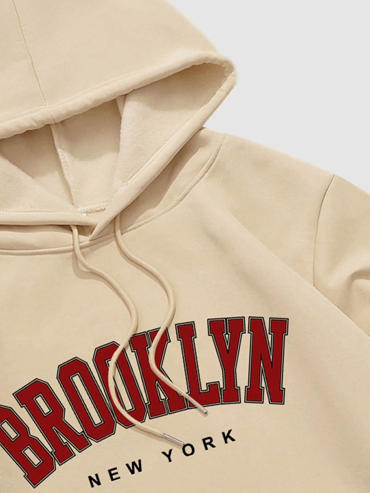 Men's "BROOKLYN" fleece printed letter hoodie khaki