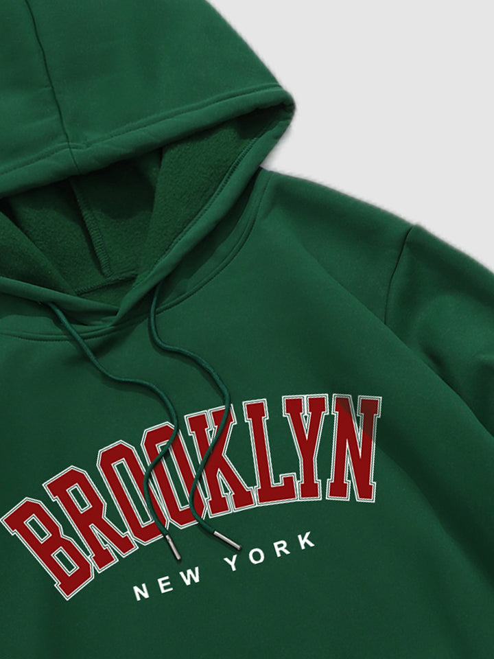 Men's "BROOKLYN" fleece printed letter hoodie green