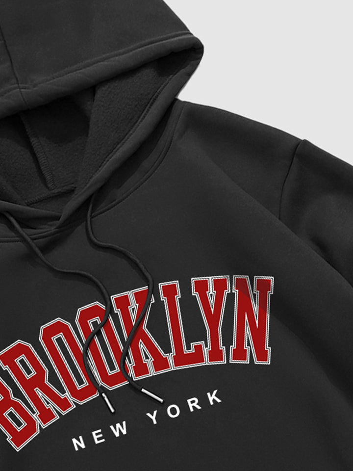 Men's "BROOKLYN" fleece printed letter hoodie black