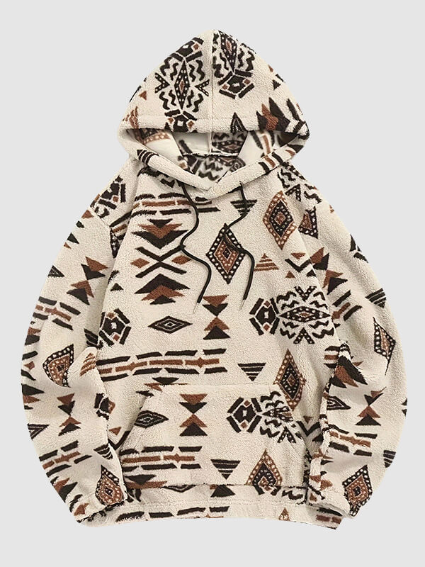 Men's  Faux Sherpa Retro Aztec Pattern Hooded Sweatshirt