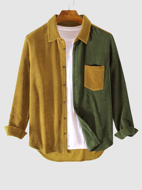 Men's Vintage Corduroy Colorblock Single Pocket Button Lapel Shirt