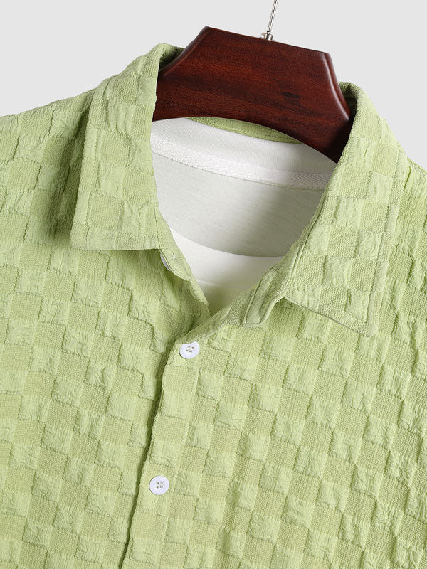 Men's solid color seersucker textured plaid casual short-sleeved shirt