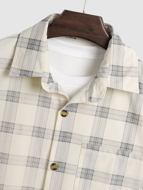 Men's Corduroy Plaid Button-Down Short Sleeve Shirt