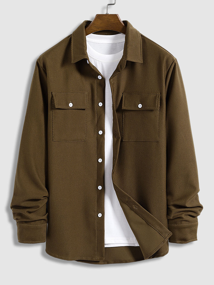 Men's Corduroy Textured Double Pocket Buttoned Long Sleeve Shirt