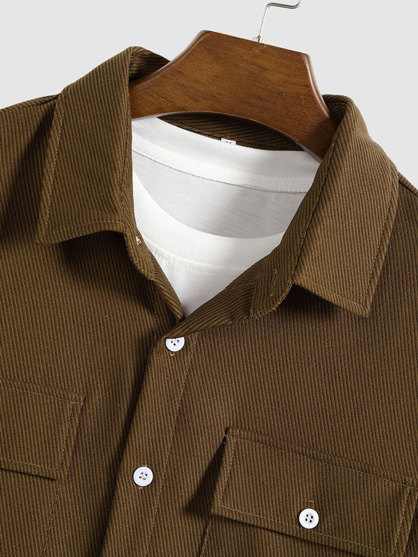 Men's Corduroy Textured Double Pocket Buttoned Long Sleeve Shirt