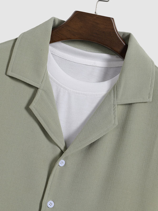 Men's Solid Color Textured Cuban Collar Long Sleeve Shirt