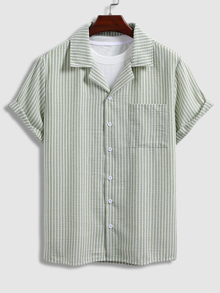 Men's Textured Striped Cuban Collar Short Sleeve Shirt