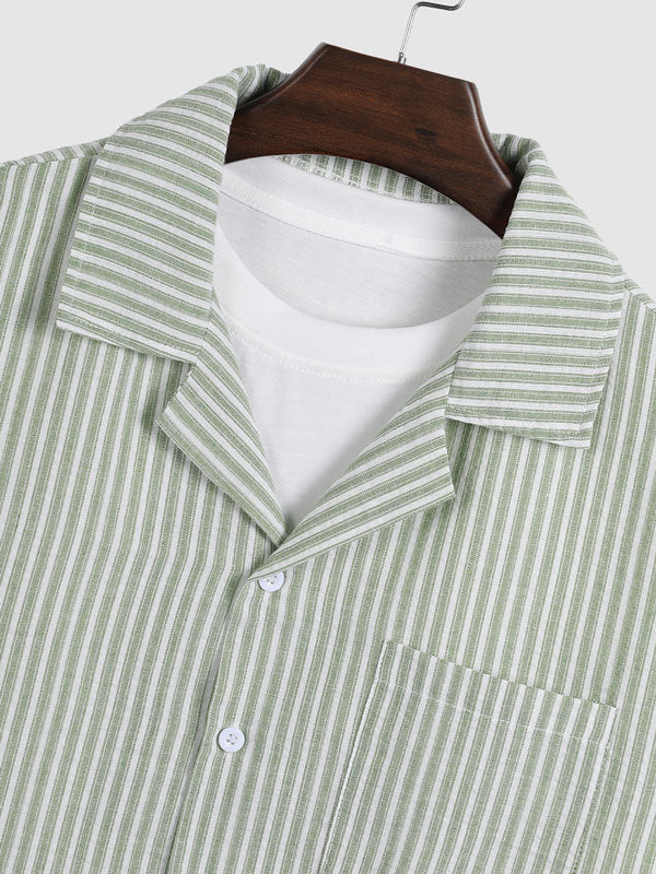 Men's Textured Striped Cuban Collar Short Sleeve Shirt