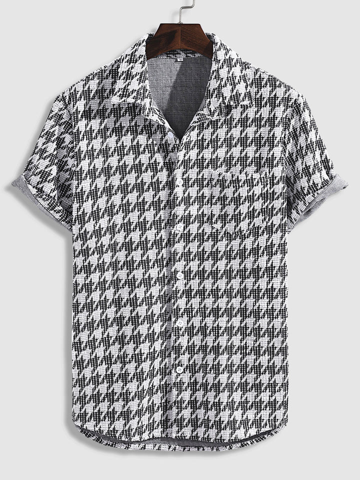 Men's houndstooth textured plaid casual short-sleeved shirt