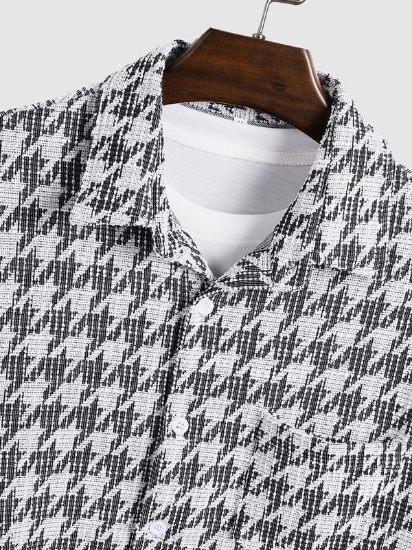 Men's houndstooth textured plaid casual short-sleeved shirt