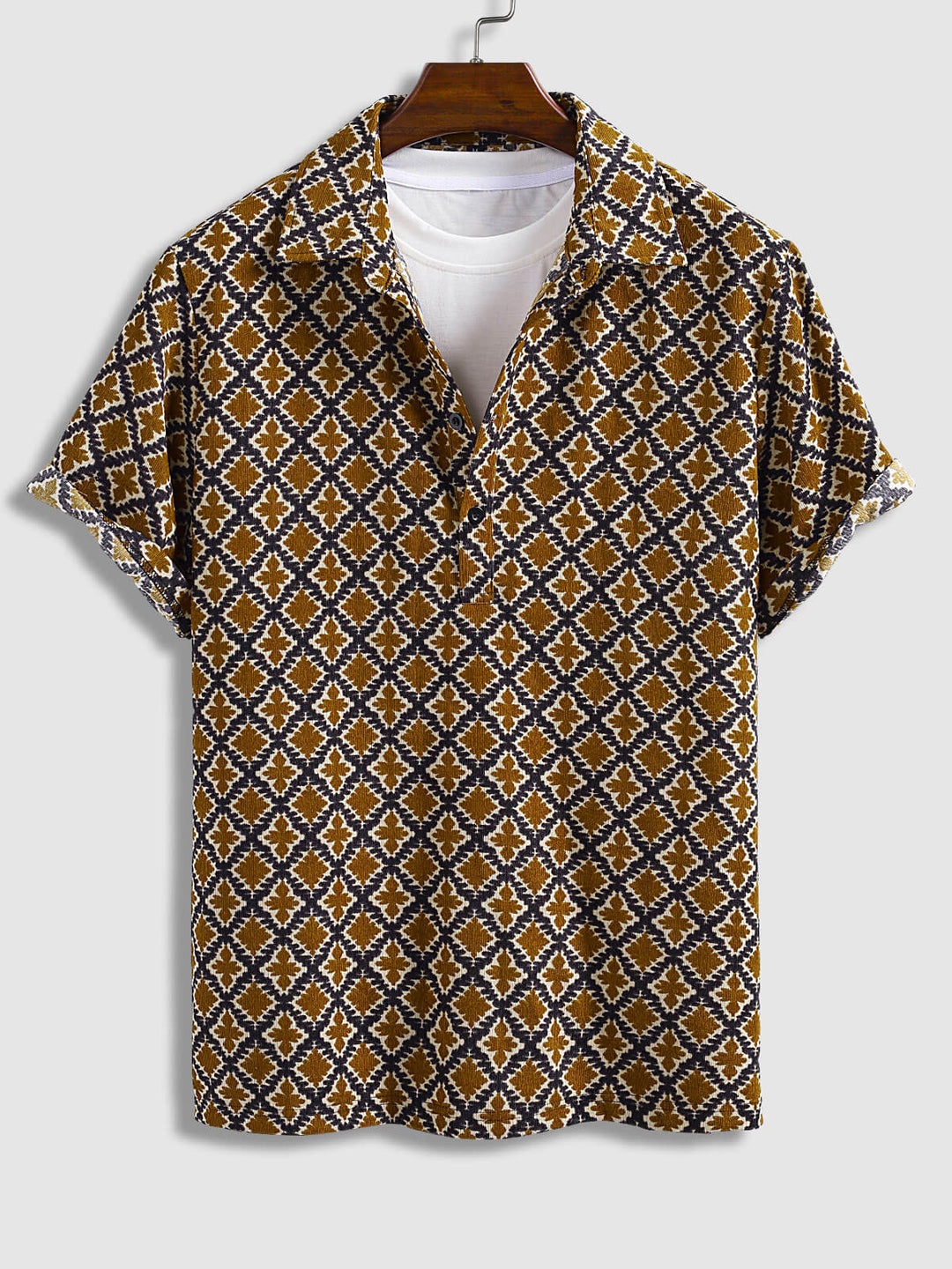 Men's retro ethnic print corduroy half-sleeved POLO