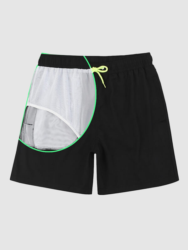 Men's Solid Color Double Layer Drawstring Quick-Drying Beach Swimming Shorts