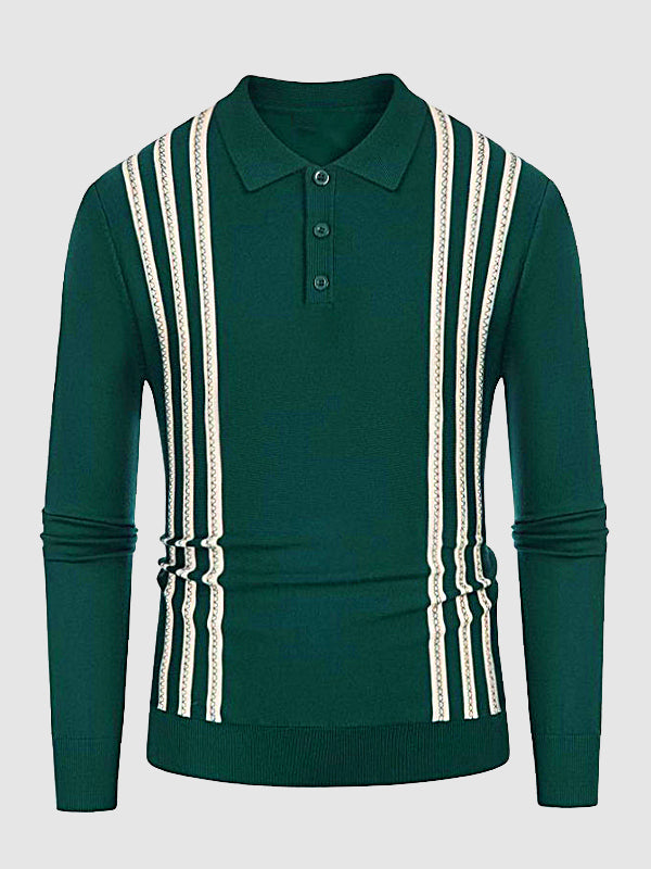 Men's Striped Jacquard Casual Business Lapel Half Button Sweater