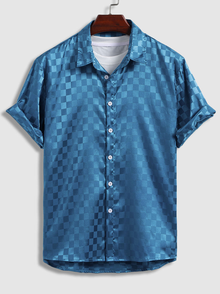 Men's Solid Color Satin Plaid  Casual Short Sleeve Shirt