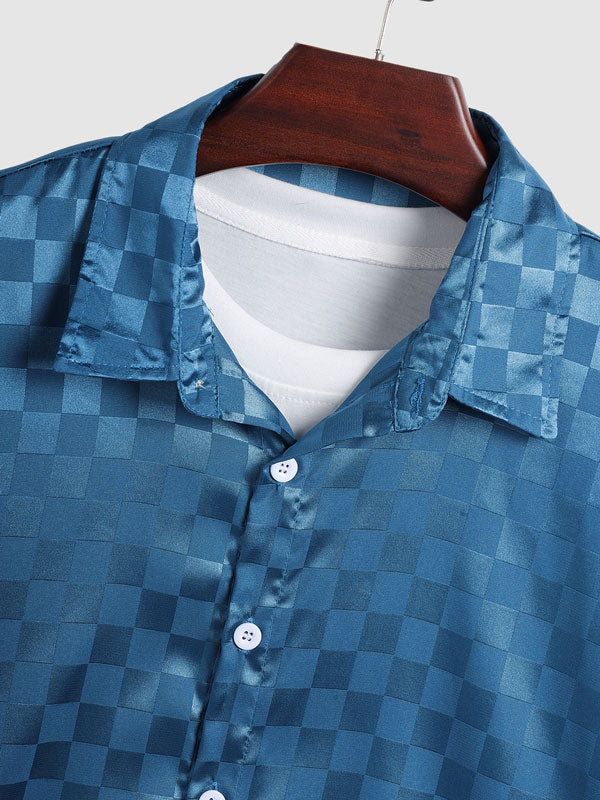 Men's Solid Color Satin Plaid  Casual Short Sleeve Shirt