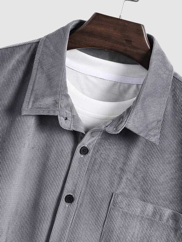 Men's solid color textured corduroy casual short-sleeved shirt