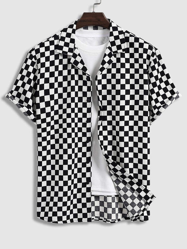 Men's Black and White Checkerboard Corduroy Short Sleeve Shirt