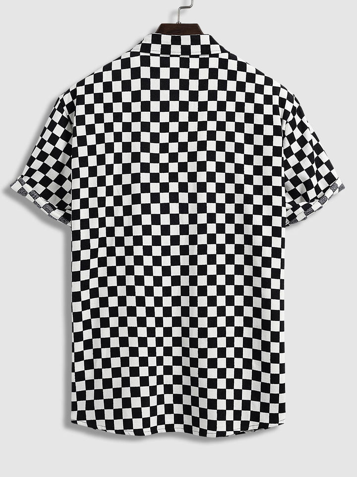 Men's Black and White Checkerboard Corduroy Short Sleeve Shirt