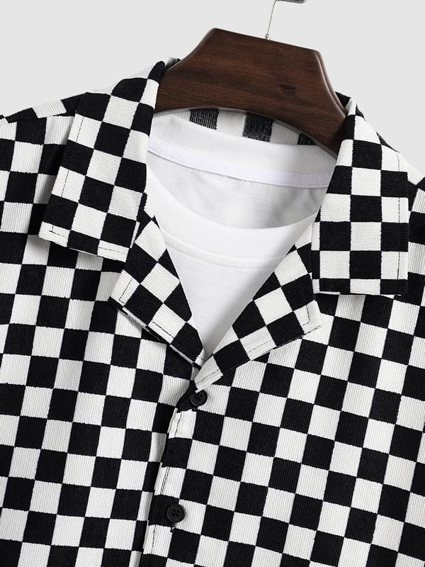 Men's Black and White Checkerboard Corduroy Short Sleeve Shirt