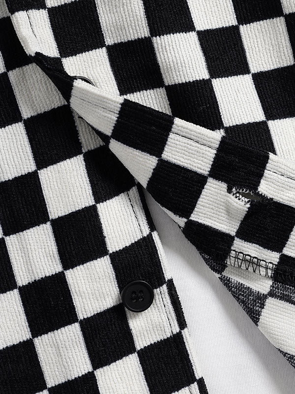 Men's Black and White Checkerboard Corduroy Short Sleeve Shirt