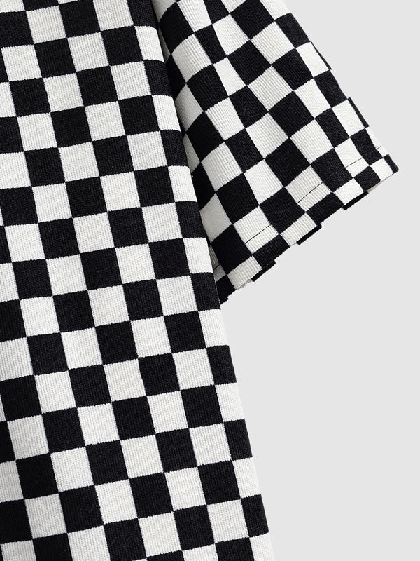 Men's Black and White Checkerboard Corduroy Short Sleeve Shirt