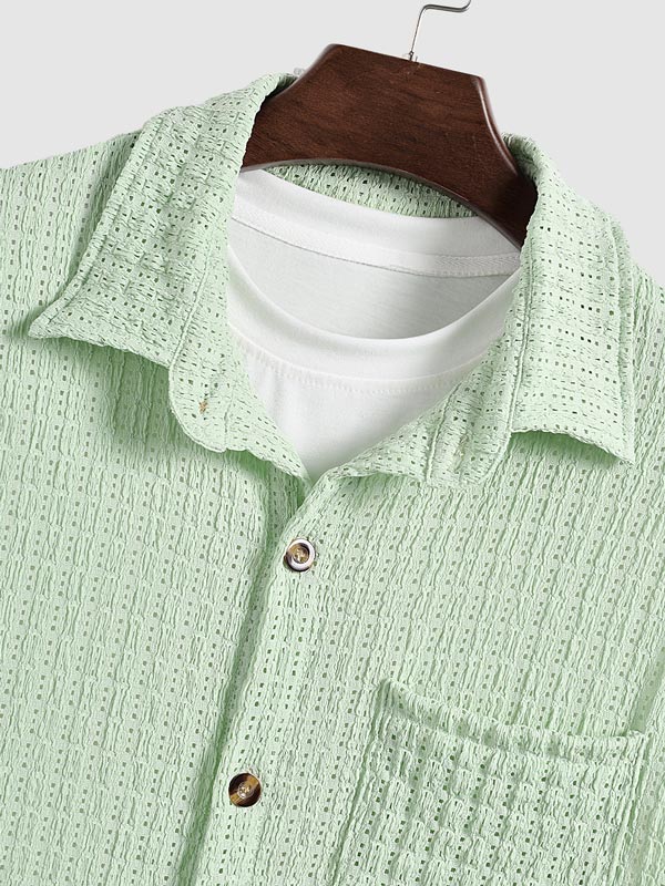 Men's Solid Color Hollow Button Short Sleeve Shirt