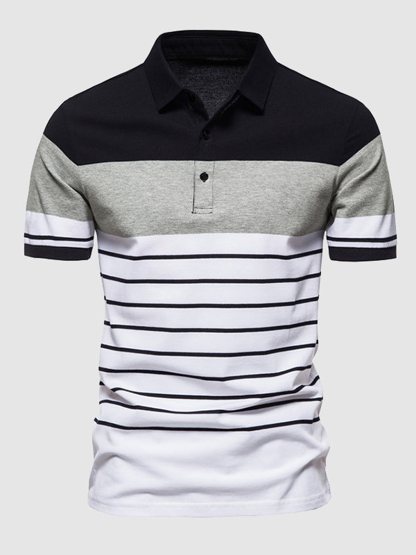 Men's knitted striped casual business lapel short sleeve POLO