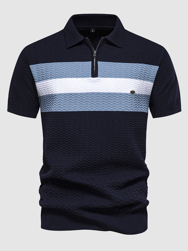 Men's Knitted Striped Casual Business Half-Zip short sleeve POLO