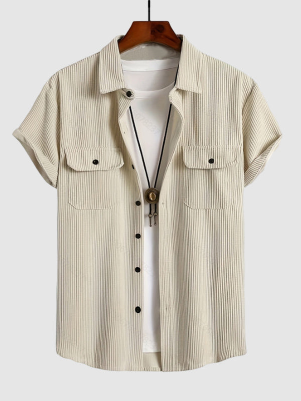 Men's corduroy solid color double pocket short sleeve shirt