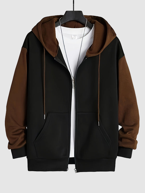 Men's patchwork hooded zip cardigan sweatshirt