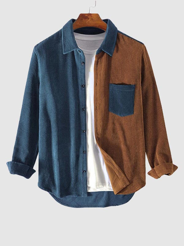 Men's Vintage Corduroy Colorblock Single Pocket Button Lapel Shirt