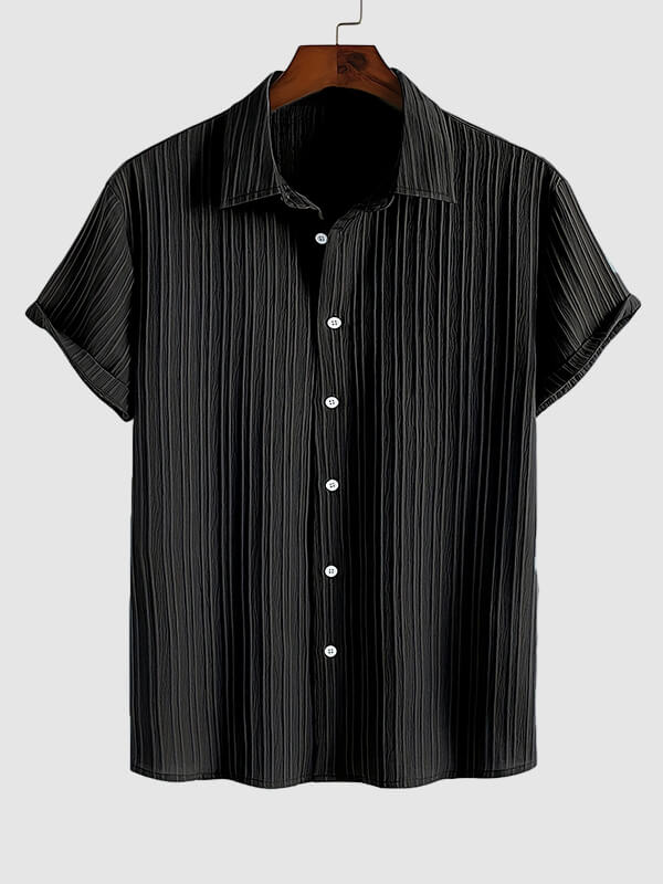 Men's solid color striped texture casual short-sleeved shirt