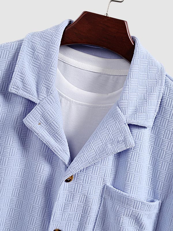 Men's solid color small geometric pattern terry texture short-sleeved shirt