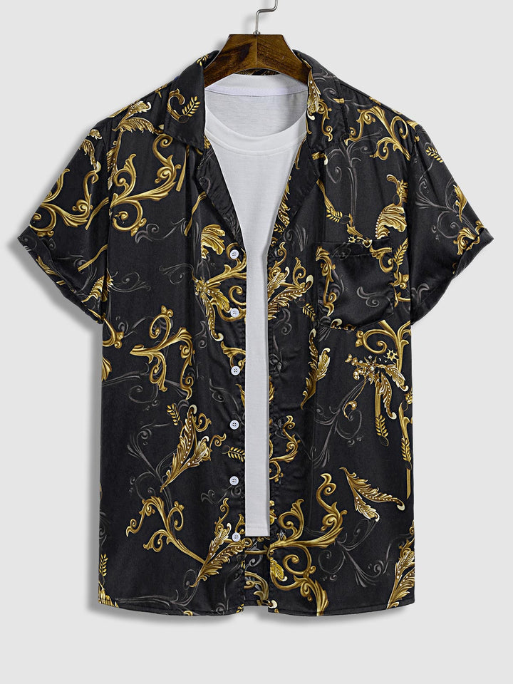 Men's Satin Vintage Floral Cuban Collar Button-Down Short Sleeve Shirt