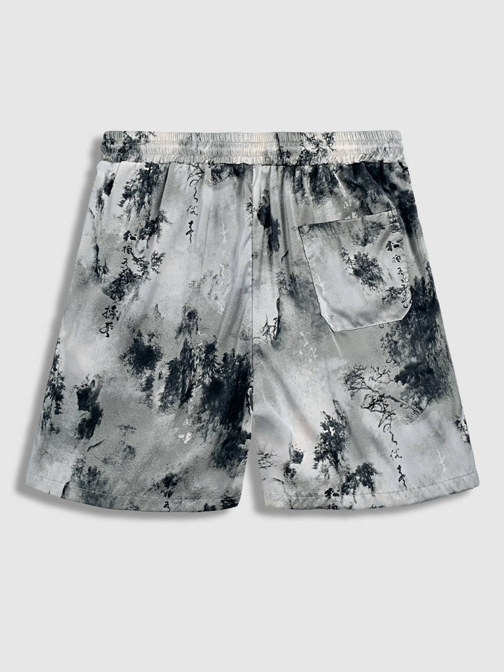 Men's Chinese Character Satin Retro Style Elastic Waist Casual Shorts