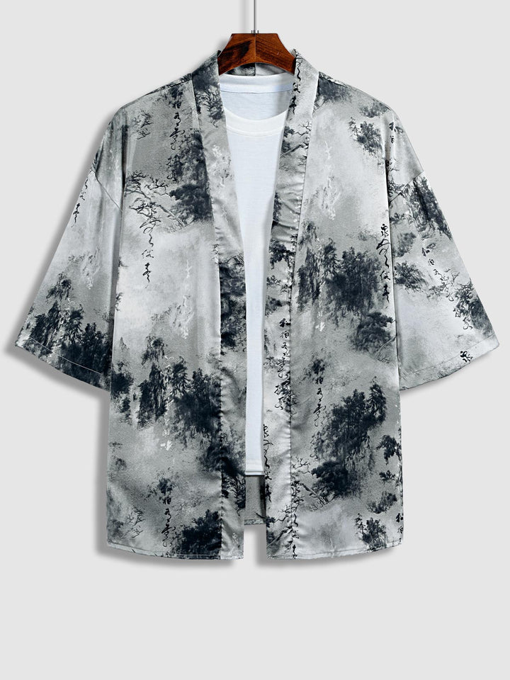 Men's Chinese character satin retro style kimono short-sleeved shirt