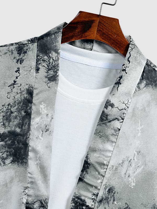 Men's Chinese character satin retro style kimono short-sleeved shirt