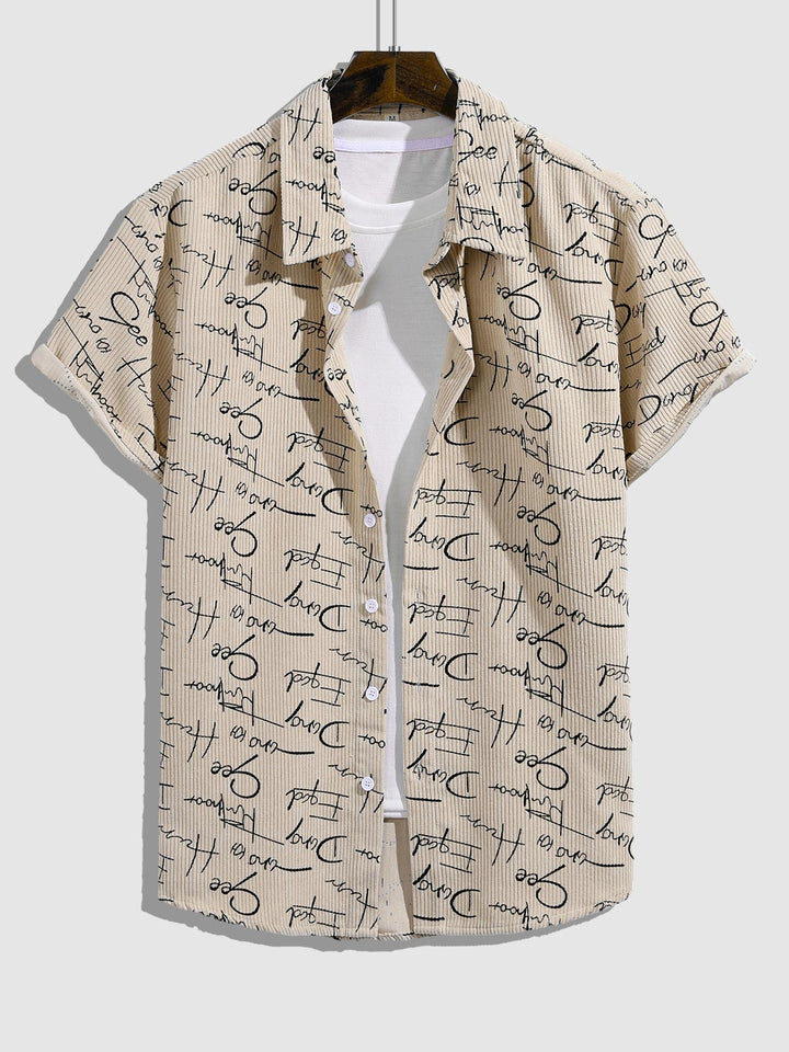 Men's Corduroy Letter Print Casual Short Sleeve Shirt