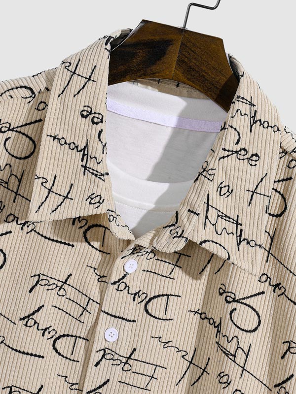 Men's Corduroy Letter Print Casual Short Sleeve Shirt