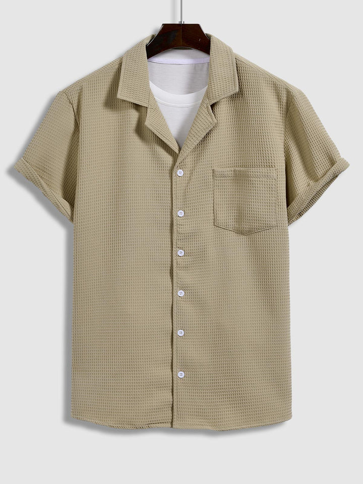 Men's Solid Color Textured Waffle Cuban Collar Short Sleeve Shirt