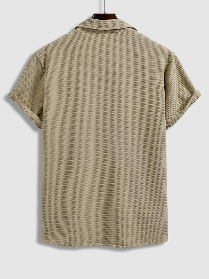 Men's Solid Color Textured Waffle Cuban Collar Short Sleeve Shirt