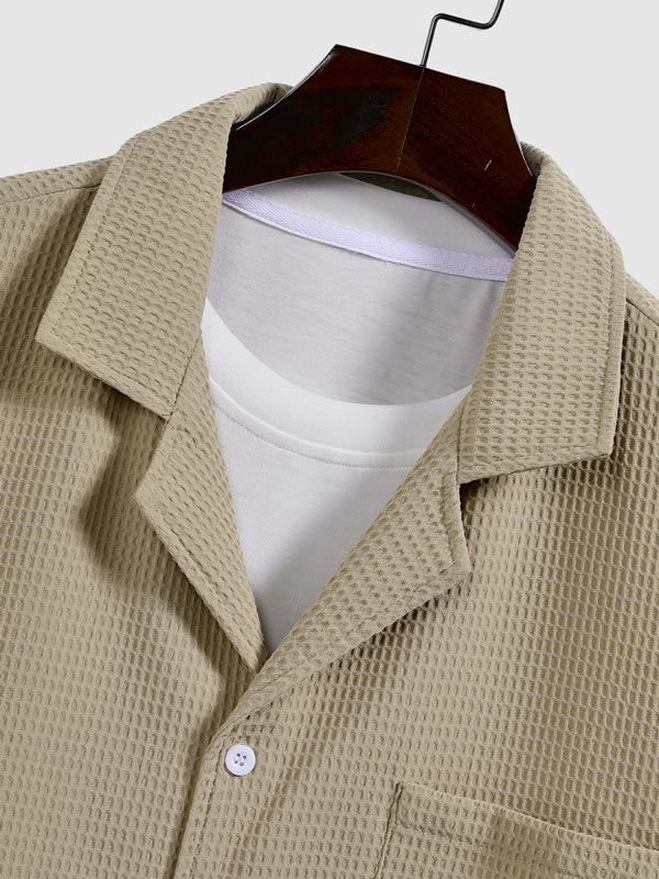 Men's Solid Color Textured Waffle Cuban Collar Short Sleeve Shirt