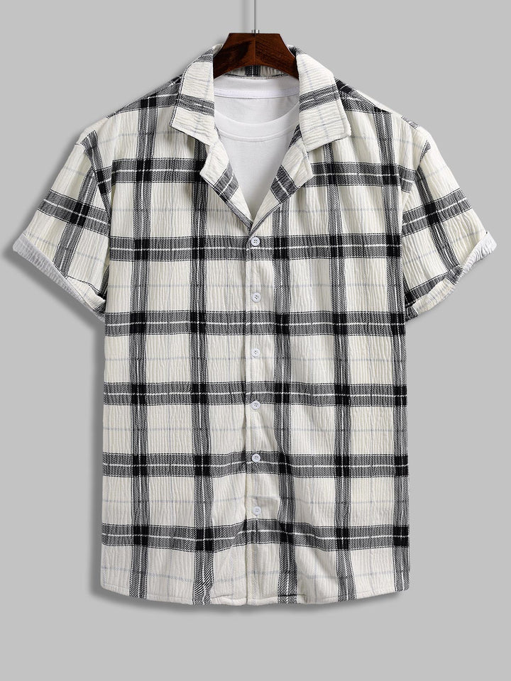 Men's Plaid Pleated Brushed Cuban Collar Short Sleeve Shirt