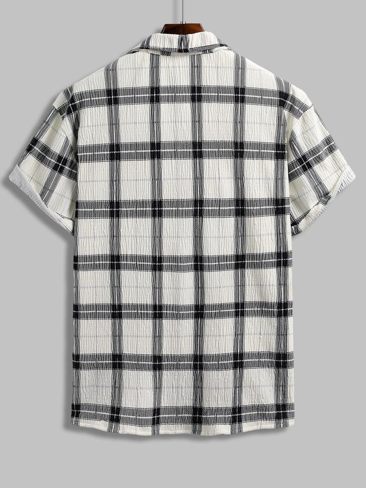 Men's Plaid Pleated Brushed Cuban Collar Short Sleeve Shirt