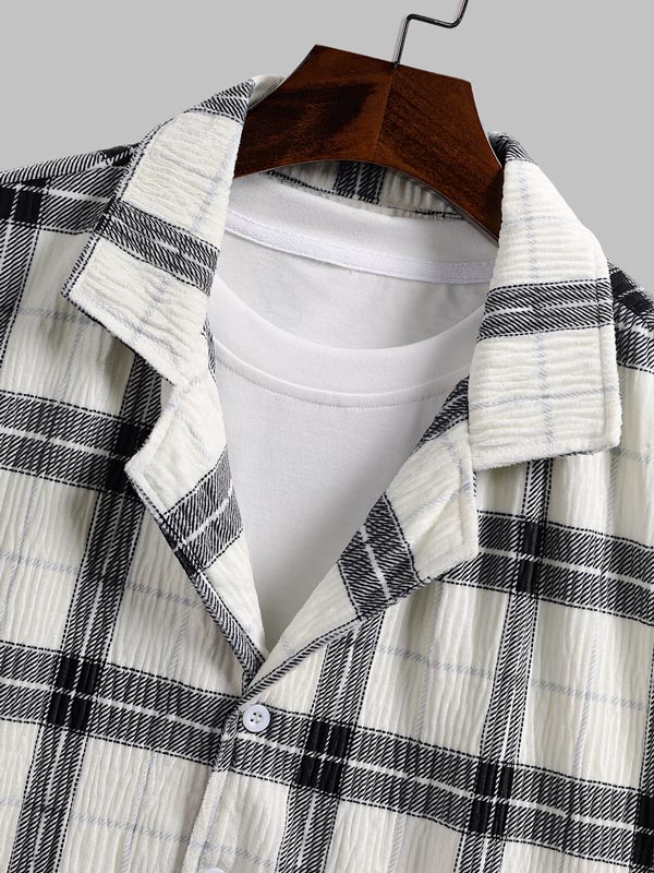 Men's Plaid Pleated Brushed Cuban Collar Short Sleeve Shirt