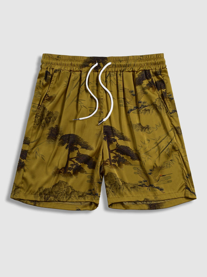 Men's Chinese Style Crane Pattern Satin Shorts