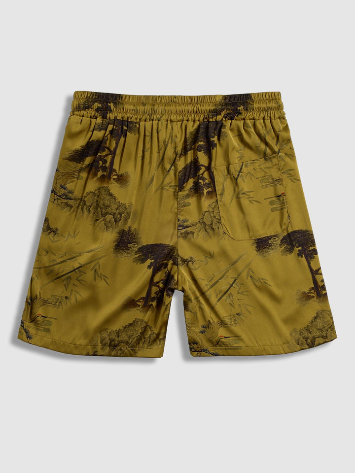 Men's Chinese Style Crane Pattern Satin Shorts