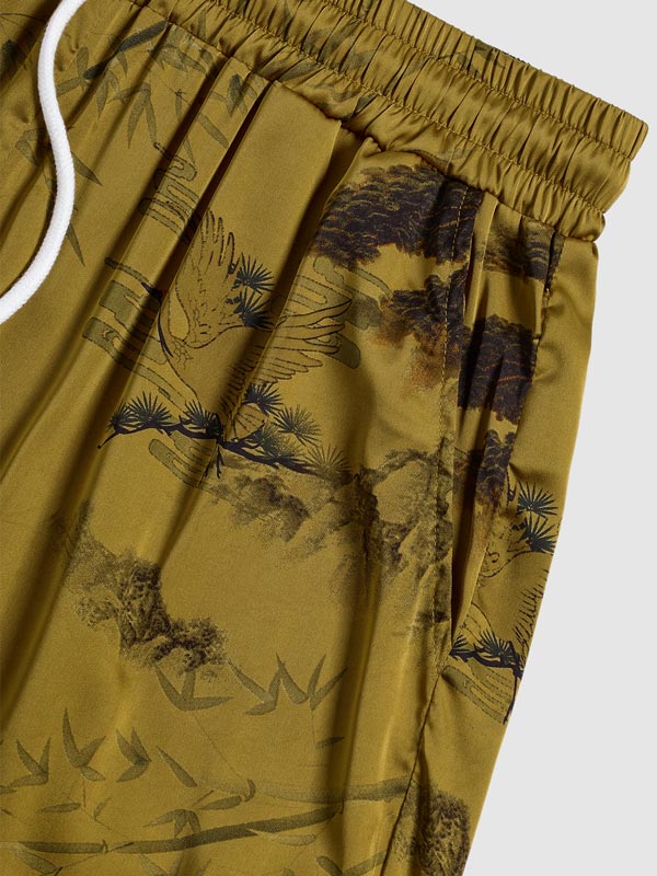 Men's Chinese Style Crane Pattern Satin Shorts