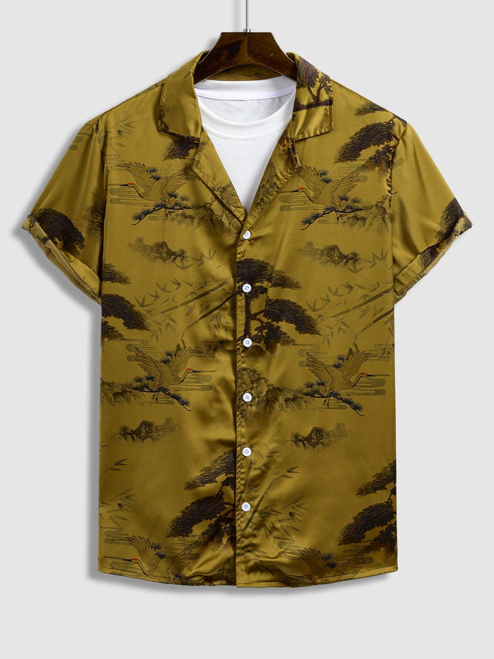 Men's Chinese Crane Pattern Satin Cuban Collar Short Sleeve Shirt